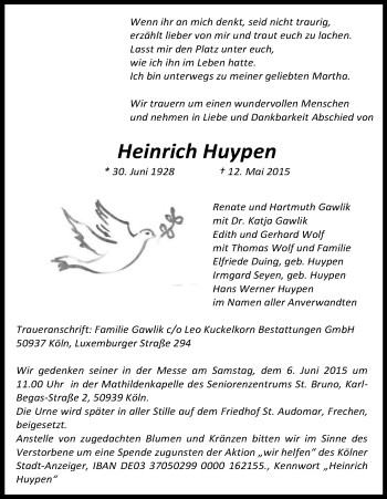 Anzeige von Heinrich Huypen von Kölner Stadt-Anzeiger / Kölnische Rundschau / Express