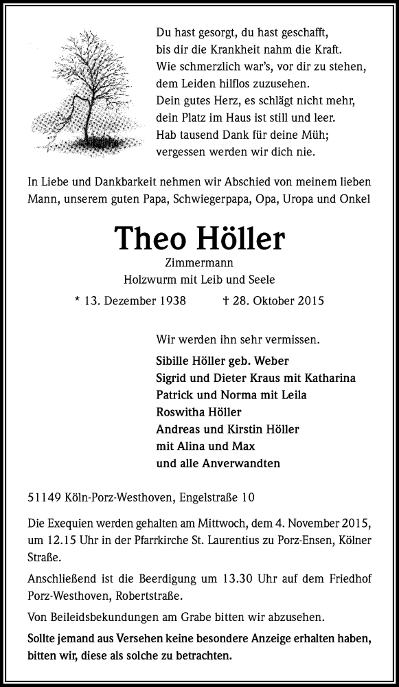  Traueranzeige für Theo Höller vom 31.10.2015 aus Kölner Stadt-Anzeiger / Kölnische Rundschau / Express
