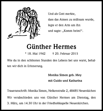 Anzeige von Günther Hermes von Kölner Stadt-Anzeiger / Kölnische Rundschau / Express