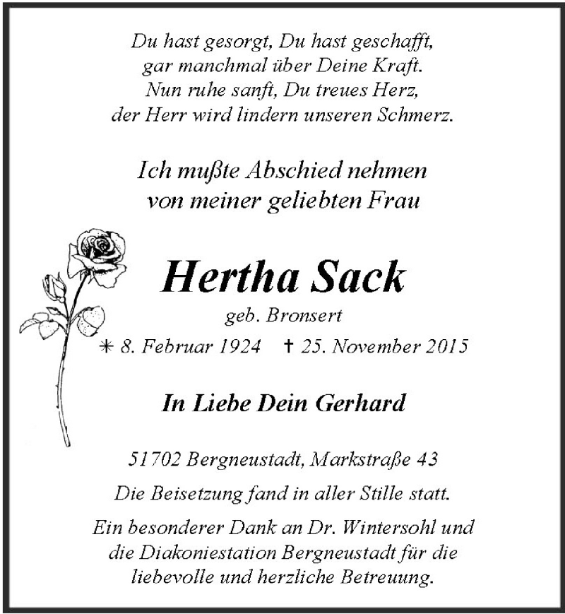  Traueranzeige für Hertha Sack vom 09.12.2015 aus  Anzeigen Echo 