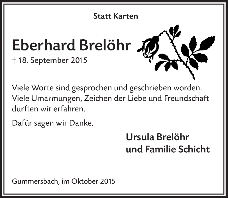  Traueranzeige für Eberhard Brelöhr vom 14.10.2015 aus  Anzeigen Echo 