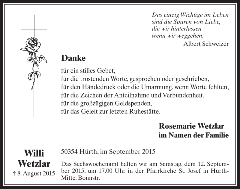  Traueranzeige für Willi Wetzlar vom 09.09.2015 aus  Wochenende 