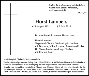 Anzeige von Horst Lambers von Kölner Stadt-Anzeiger / Kölnische Rundschau / Express