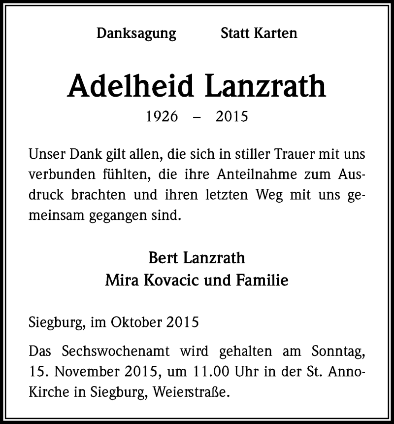  Traueranzeige für Adelheid Lanzrath vom 07.11.2015 aus Kölner Stadt-Anzeiger / Kölnische Rundschau / Express