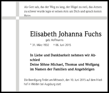 Anzeige von Elisabeth Johanna Fuchs von Kölner Stadt-Anzeiger / Kölnische Rundschau / Express