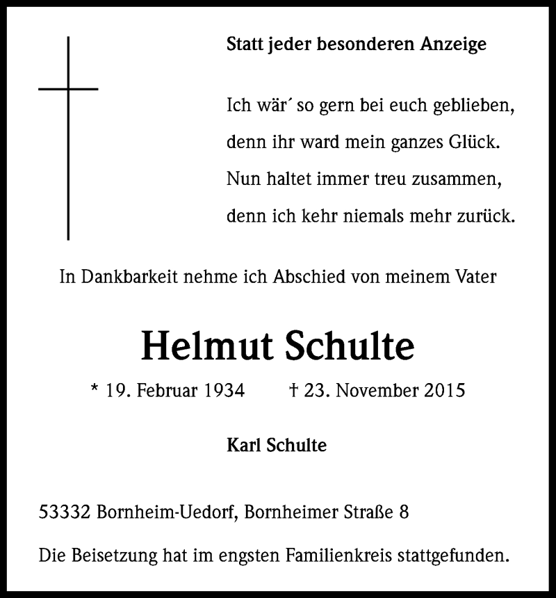  Traueranzeige für Helmut Schulte vom 03.12.2015 aus Kölner Stadt-Anzeiger / Kölnische Rundschau / Express