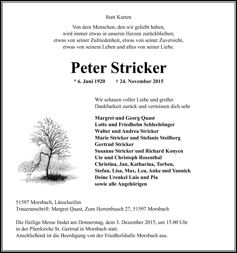  Traueranzeige für Peter Stricker vom 28.11.2015 aus Kölner Stadt-Anzeiger / Kölnische Rundschau / Express