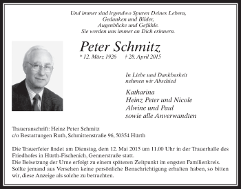 Anzeige von Peter Schmitz von  Wochenende 