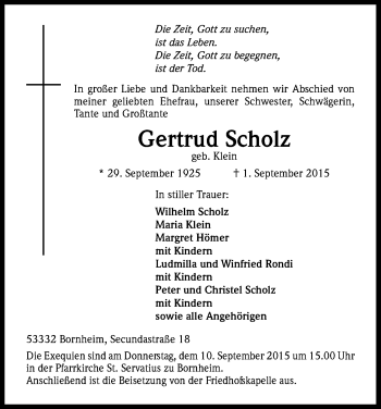 Anzeige von Gertrud Scholz von Kölner Stadt-Anzeiger / Kölnische Rundschau / Express