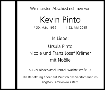 Anzeige von Kevin Pinto von Kölner Stadt-Anzeiger / Kölnische Rundschau / Express