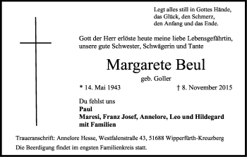 Anzeige von Margarete Beul von Köln - Wir Trauern