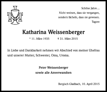 Anzeige von Katharina Weissenberger von Kölner Stadt-Anzeiger / Kölnische Rundschau / Express