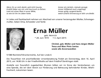 Anzeige von Erna Müller von Kölner Stadt-Anzeiger / Kölnische Rundschau / Express