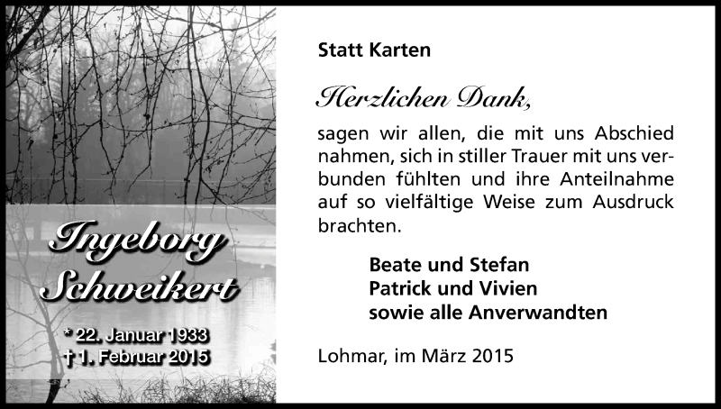 Traueranzeige für Ingeborg Schweikert vom 07.03.2015 aus Kölner Stadt-Anzeiger / Kölnische Rundschau / Express