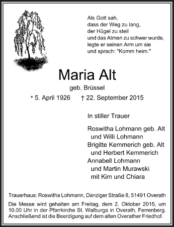 Anzeige von Maria Alt von  Bergisches Sonntagsblatt 
