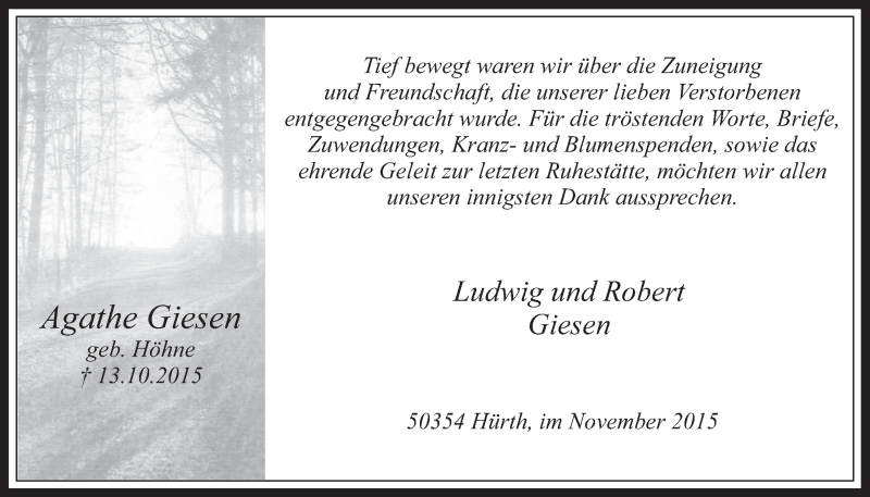  Traueranzeige für Agathe Giesen vom 25.11.2015 aus  Wochenende 