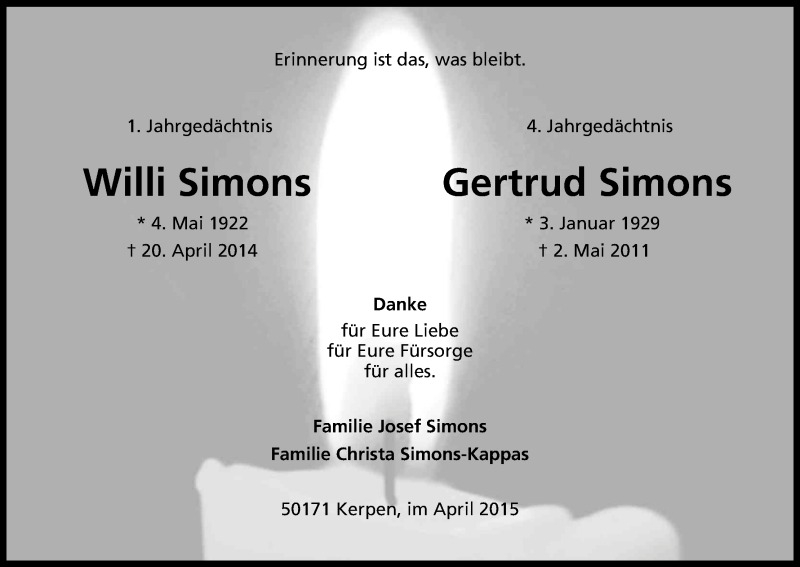  Traueranzeige für Willi und Gertrud Simons vom 25.04.2015 aus Kölner Stadt-Anzeiger / Kölnische Rundschau / Express