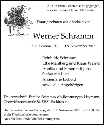 Anzeige von Werner Schramm von  Blickpunkt Euskirchen 
