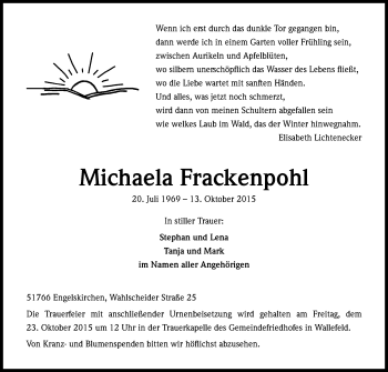 Anzeige von Michaela Frackenpohl von Kölner Stadt-Anzeiger / Kölnische Rundschau / Express