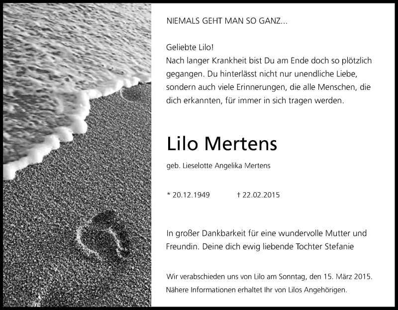  Traueranzeige für Lilo Mertens vom 07.03.2015 aus Kölner Stadt-Anzeiger / Kölnische Rundschau / Express