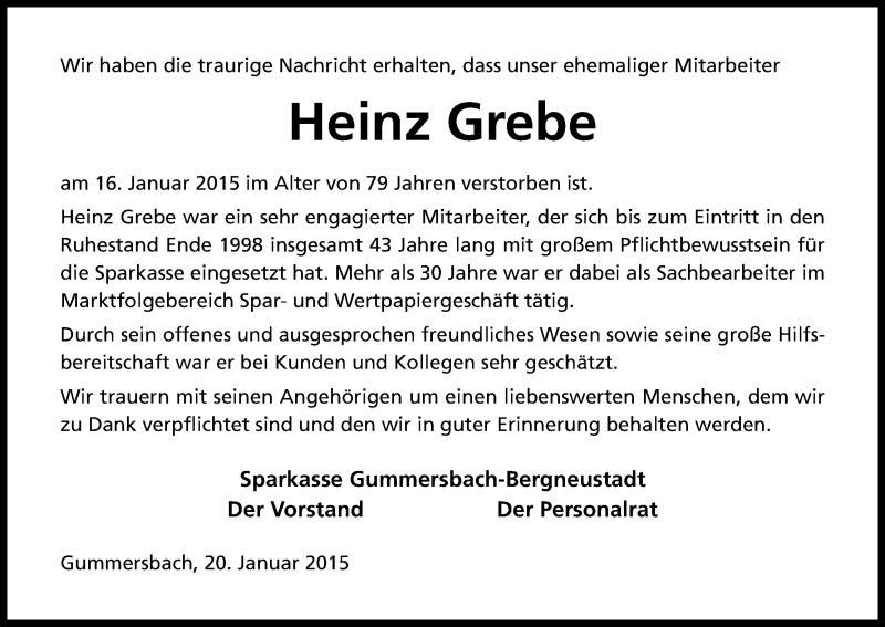  Traueranzeige für Heinz Grebe vom 21.01.2015 aus Kölner Stadt-Anzeiger / Kölnische Rundschau / Express