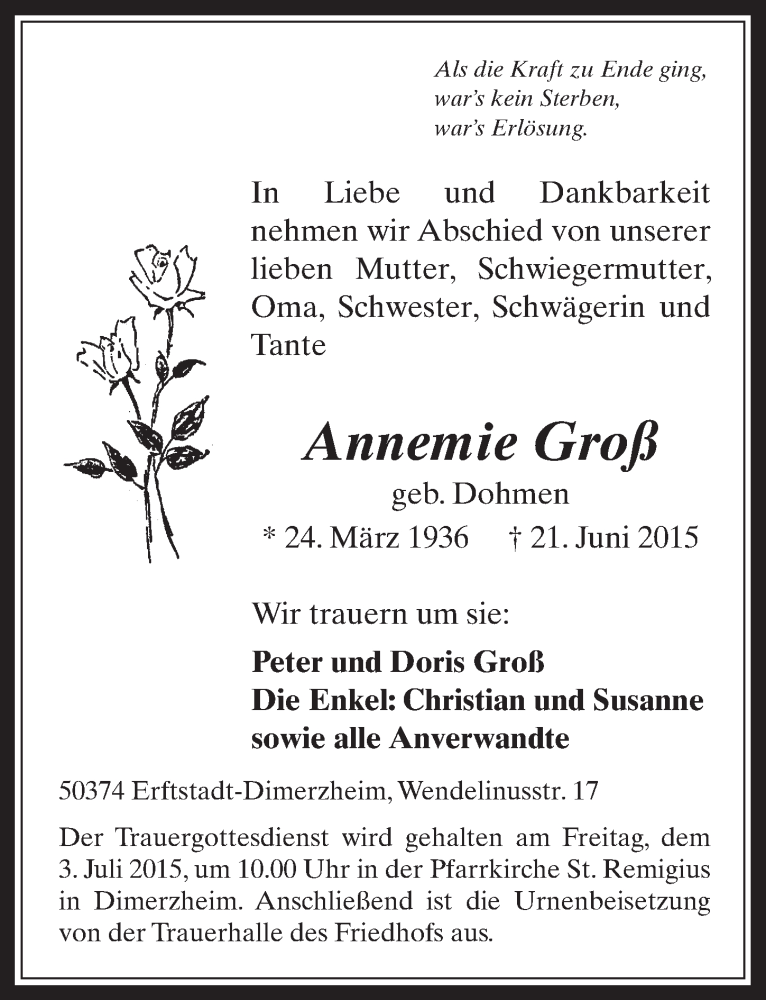  Traueranzeige für Annemie Groß vom 01.07.2015 aus  Werbepost 