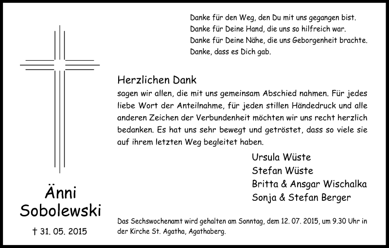  Traueranzeige für Änni Sobolewski vom 04.07.2015 aus Kölner Stadt-Anzeiger / Kölnische Rundschau / Express