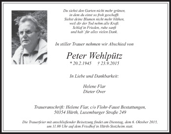 Anzeige von Peter Wehlpütz von  Wochenende 