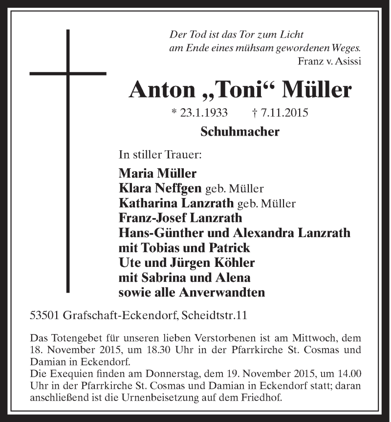  Traueranzeige für Anton  Müller vom 18.11.2015 aus  Schaufenster/Blickpunkt 