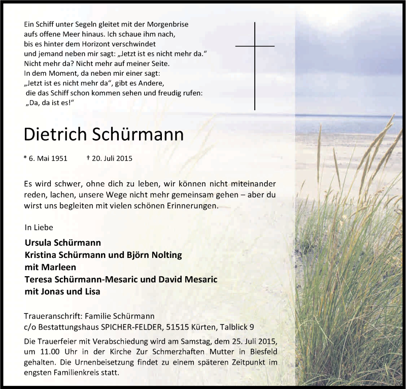  Traueranzeige für Dietrich Schürmann vom 23.07.2015 aus Kölner Stadt-Anzeiger / Kölnische Rundschau / Express