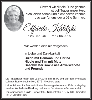 Anzeige von Elfriede Kalitzki von  Extra Blatt 