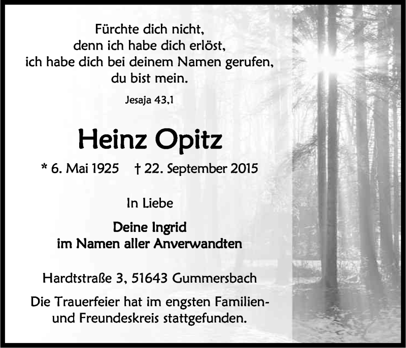  Traueranzeige für Heinz Opitz vom 02.10.2015 aus Kölner Stadt-Anzeiger / Kölnische Rundschau / Express