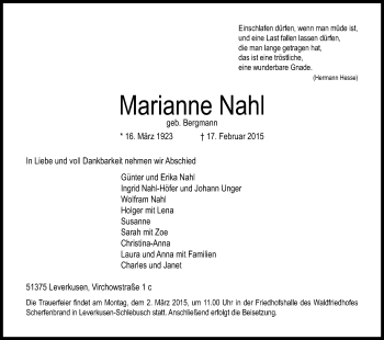 Anzeige von Marianne Nahl von Kölner Stadt-Anzeiger / Kölnische Rundschau / Express