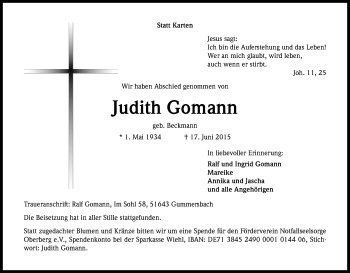 Anzeige von Judith Gomann von Kölner Stadt-Anzeiger / Kölnische Rundschau / Express