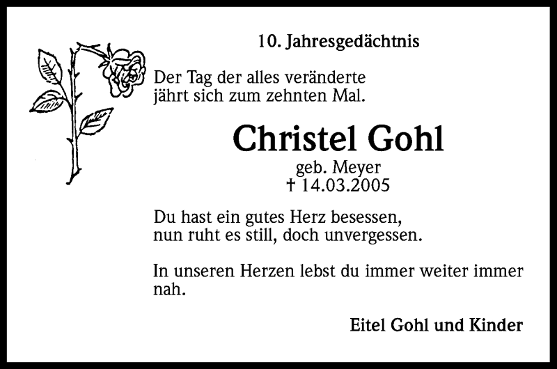  Traueranzeige für Christel Gohl vom 14.03.2015 aus Kölner Stadt-Anzeiger / Kölnische Rundschau / Express