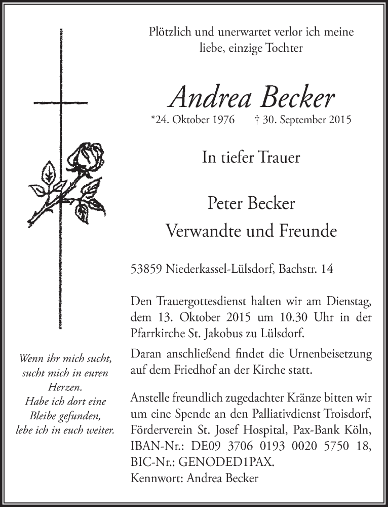  Traueranzeige für Andrea Becker vom 07.10.2015 aus  Extra Blatt 