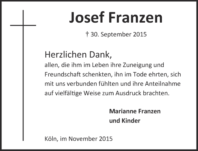 Traueranzeige für Josef Franzen vom 04.11.2015 aus  Kölner Wochenspiegel 