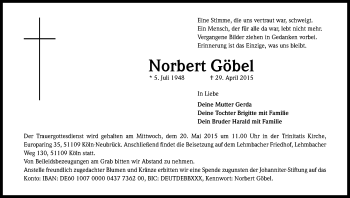 Anzeige von Norbert Göbel von Kölner Stadt-Anzeiger / Kölnische Rundschau / Express