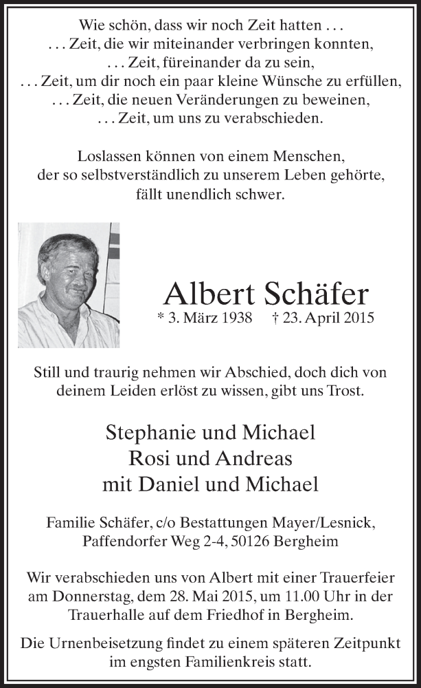  Traueranzeige für Albert Schäfer vom 23.05.2015 aus  Sonntags-Post 