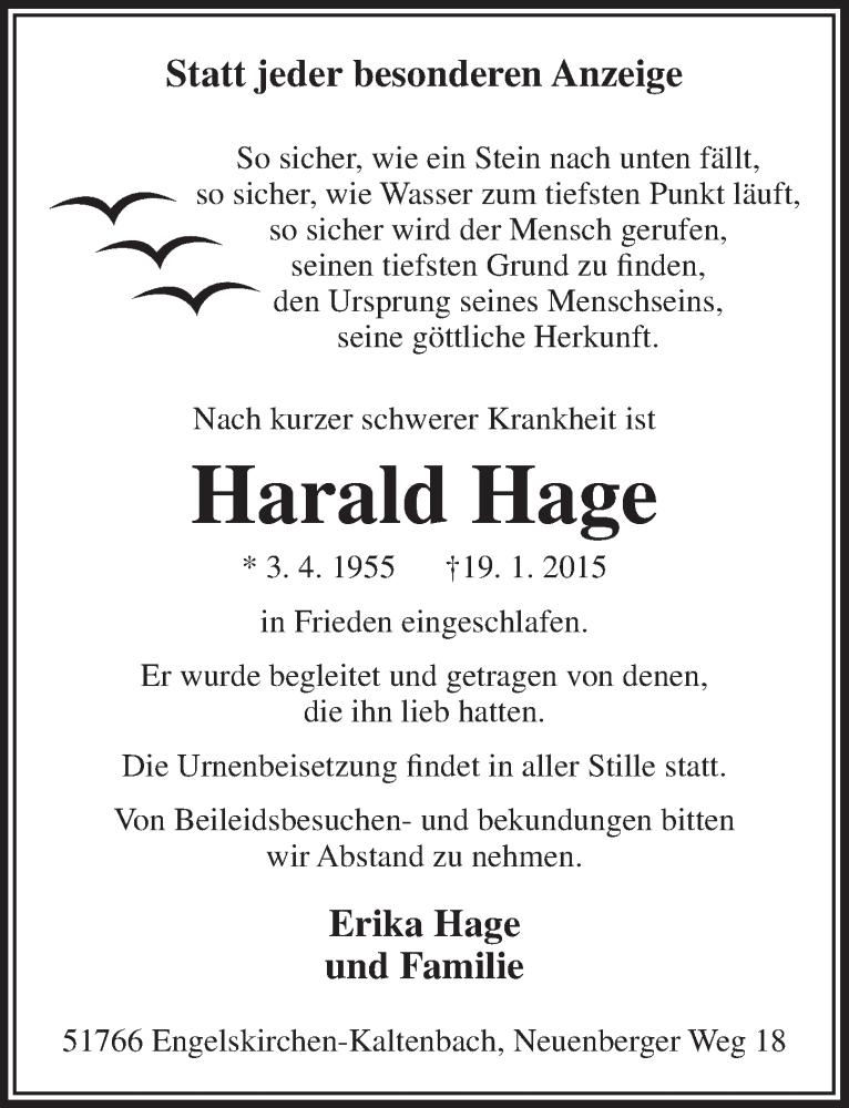  Traueranzeige für Harald Hage vom 28.01.2015 aus  Anzeigen Echo 