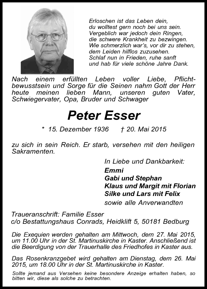  Traueranzeige für Peter Esser vom 22.05.2015 aus Kölner Stadt-Anzeiger / Kölnische Rundschau / Express