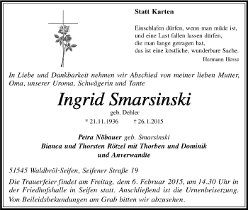 Anzeige von Ingrid Smarsinski von Kölner Stadt-Anzeiger / Kölnische Rundschau / Express