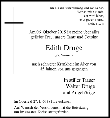 Anzeige von Edith Drüge von Kölner Stadt-Anzeiger / Kölnische Rundschau / Express