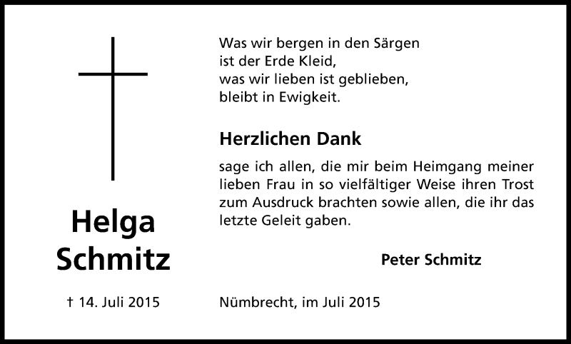  Traueranzeige für Helga Schmitz vom 01.08.2015 aus Kölner Stadt-Anzeiger / Kölnische Rundschau / Express