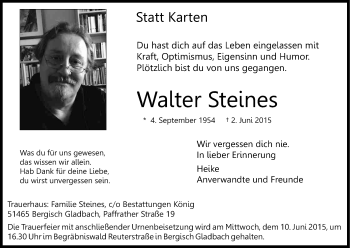 Anzeige von Walter Steines von Kölner Stadt-Anzeiger / Kölnische Rundschau / Express