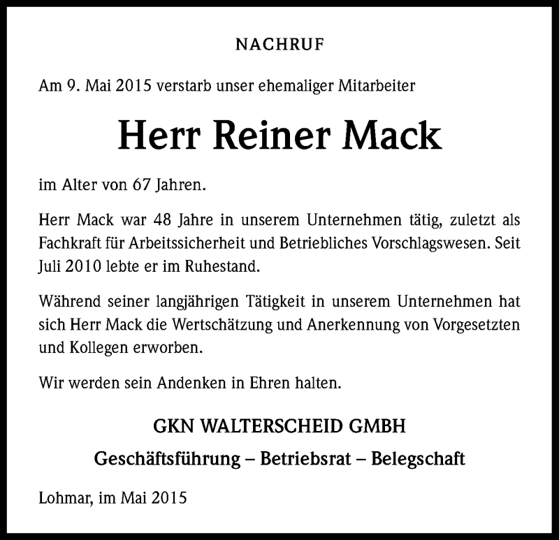  Traueranzeige für Reiner Mack vom 20.05.2015 aus Kölner Stadt-Anzeiger / Kölnische Rundschau / Express