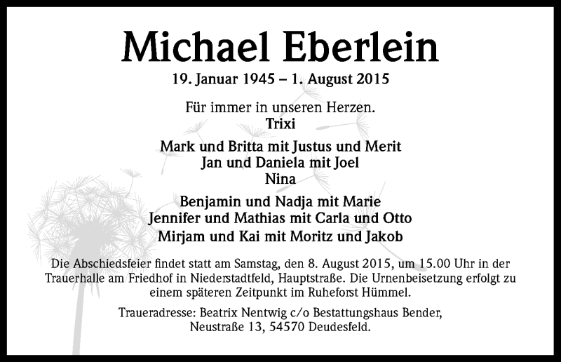  Traueranzeige für Michael Eberlein vom 05.08.2015 aus Kölner Stadt-Anzeiger / Kölnische Rundschau / Express