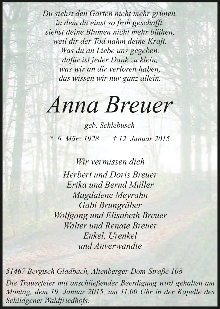  Traueranzeige für Anna Breuer vom 15.01.2015 aus Kölner Stadt-Anzeiger / Kölnische Rundschau / Express