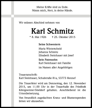 Anzeige von Karl Schmitz von Kölner Stadt-Anzeiger / Kölnische Rundschau / Express
