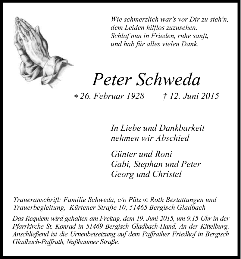  Traueranzeige für Peter Schweda vom 16.06.2015 aus Kölner Stadt-Anzeiger / Kölnische Rundschau / Express